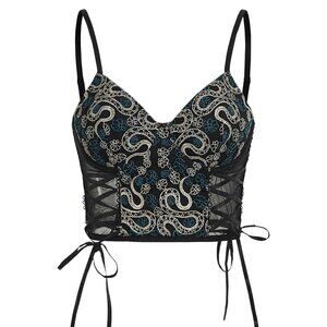 SHENHE Black Snake Print Sheer Mesh Lace-Up Bustier Top 🖤 Corset Cami Top M